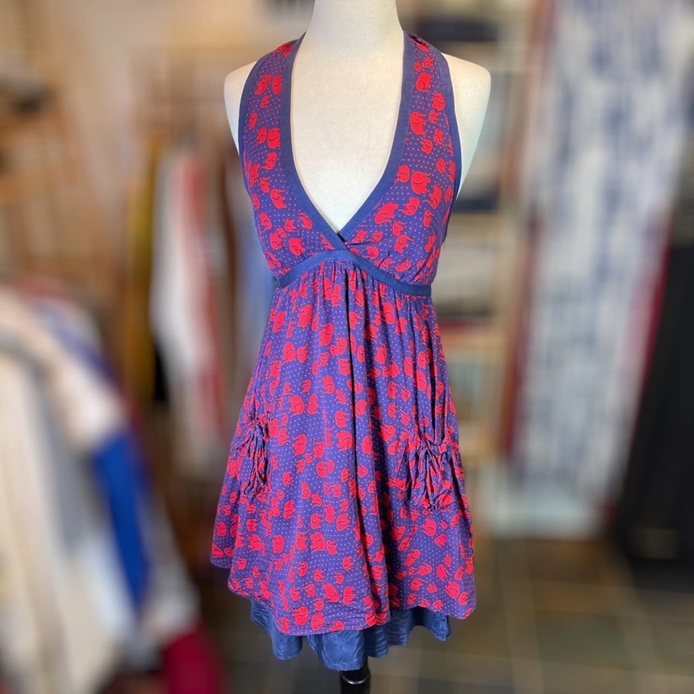 EVA FRANCO ~ Anthropologie ~ Red and Blue Elephant Print Halter Dress ~ Size 4